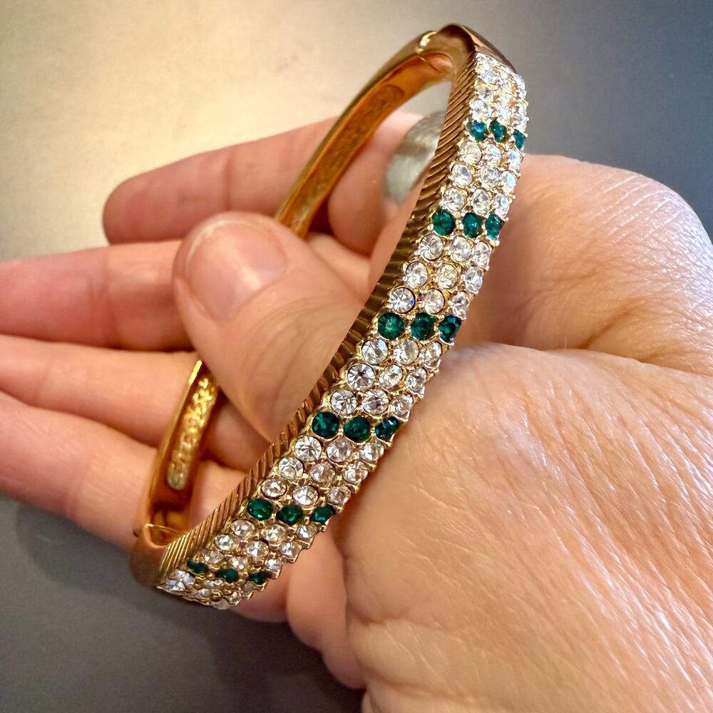 Rare Vintage ROMAN Green & Clear Rhinestone Gold Bracelet